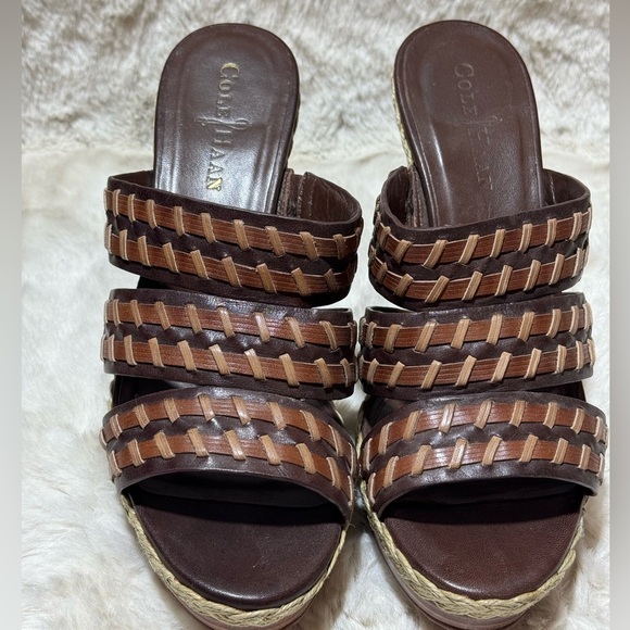 COLE HAAN stitch wedge brown heal leather espadrille slides shoes 7.5B - Picture 7 of 14